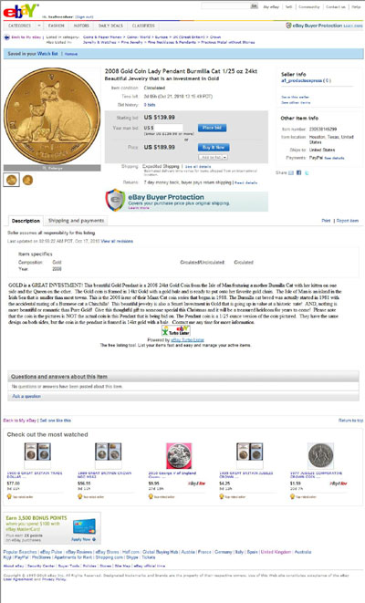 a1_productsexpress eBay Listing Using our 2008 One Ounce Gold Manx Burmilla Cat Crown Obverse & Reverse Photograph